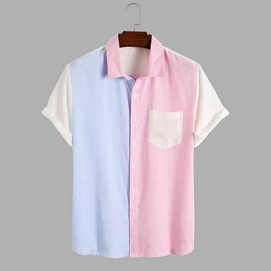 Colorblock Short Sleeve Lapel Cardigan Men's Shirt