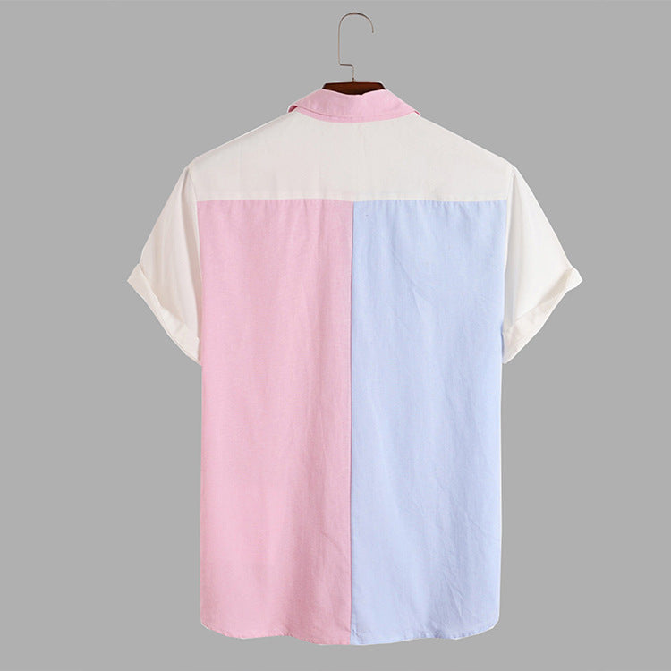 Colorblock Short Sleeve Lapel Cardigan Men's Shirt